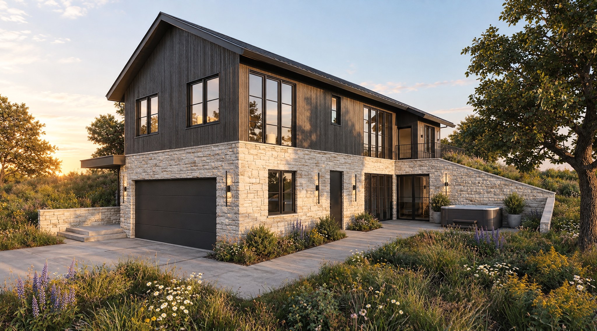 Valley View — exterior with game room and hot tub terrace
