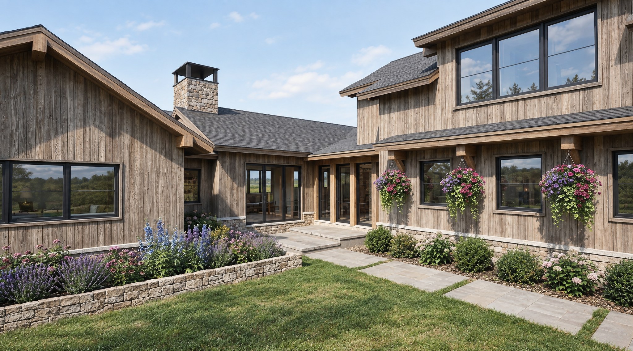 Modern Farmhouse — exterior perspective along the entry pathway