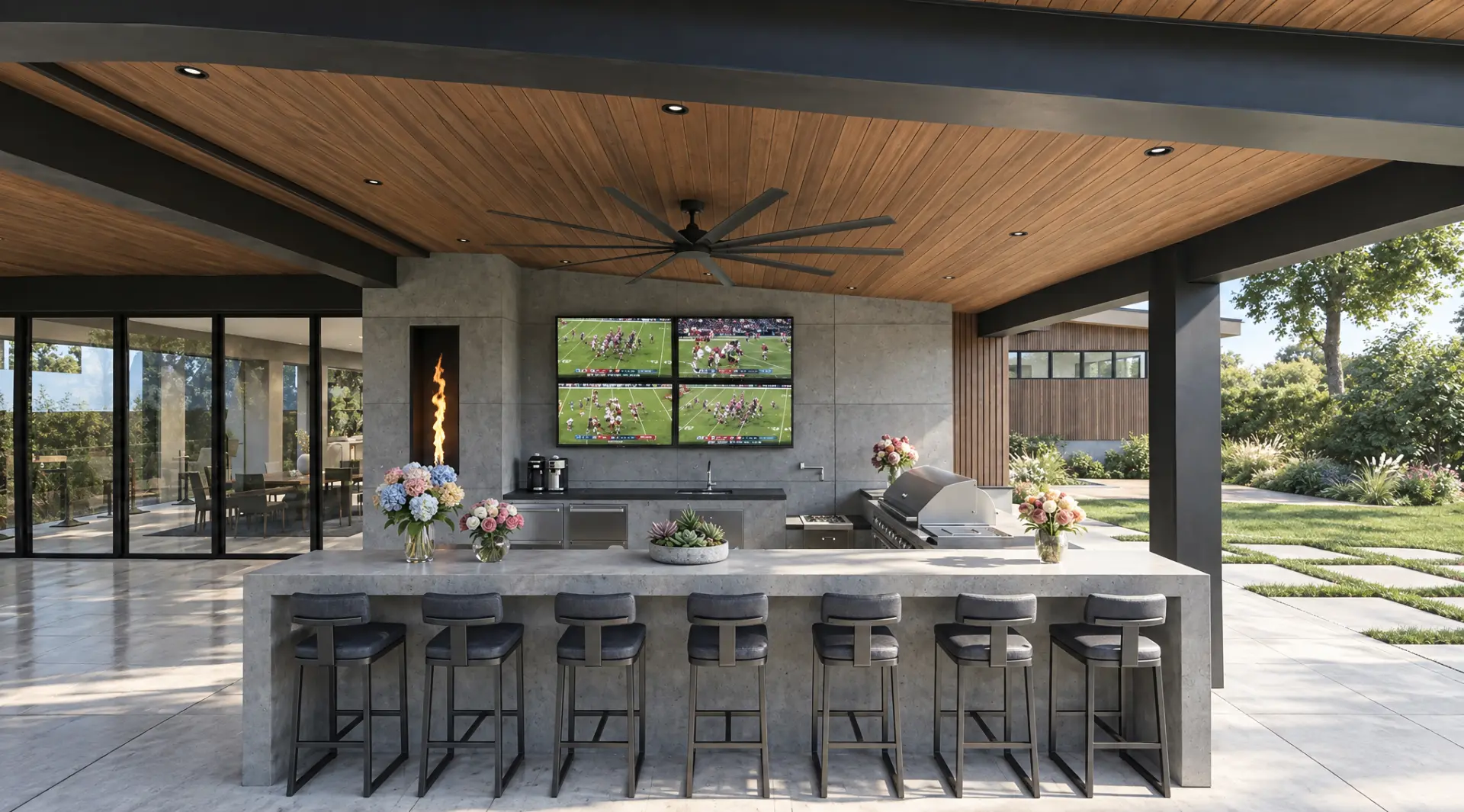 Lazy Creek — covered outdoor kitchen and bar with timber ceiling