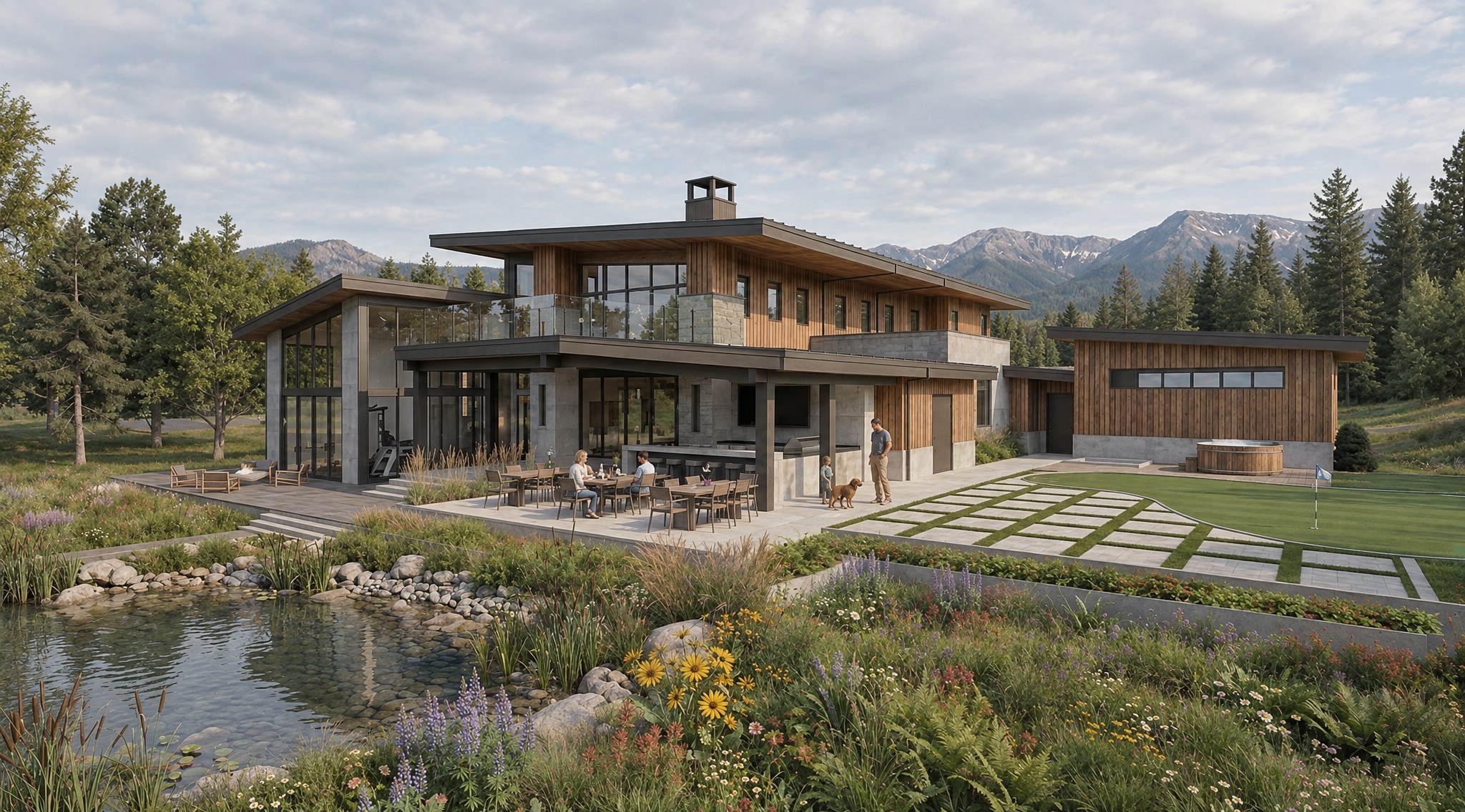 Lazy Creek — rear elevation with outdoor BBQ terrace and putting green
