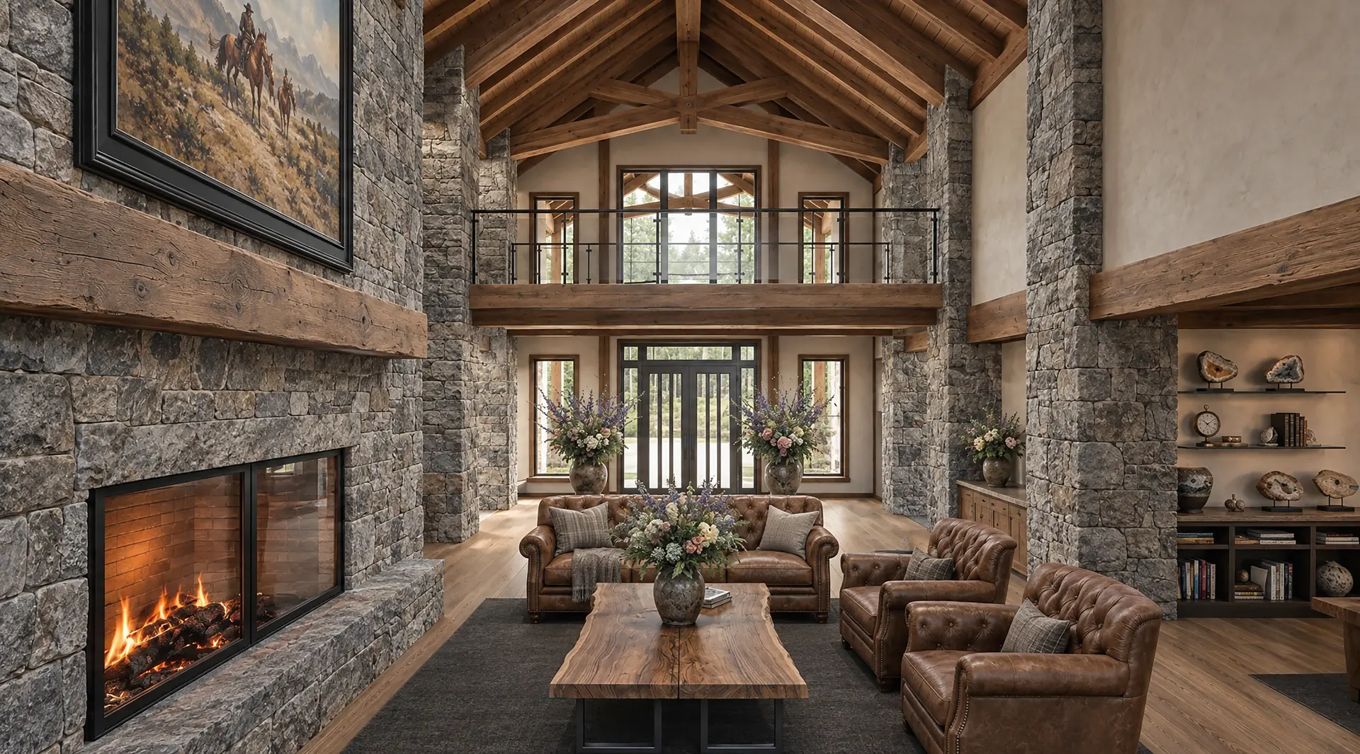 Eagle Rock — great room seen from the entry, with timber trusses and stone columns