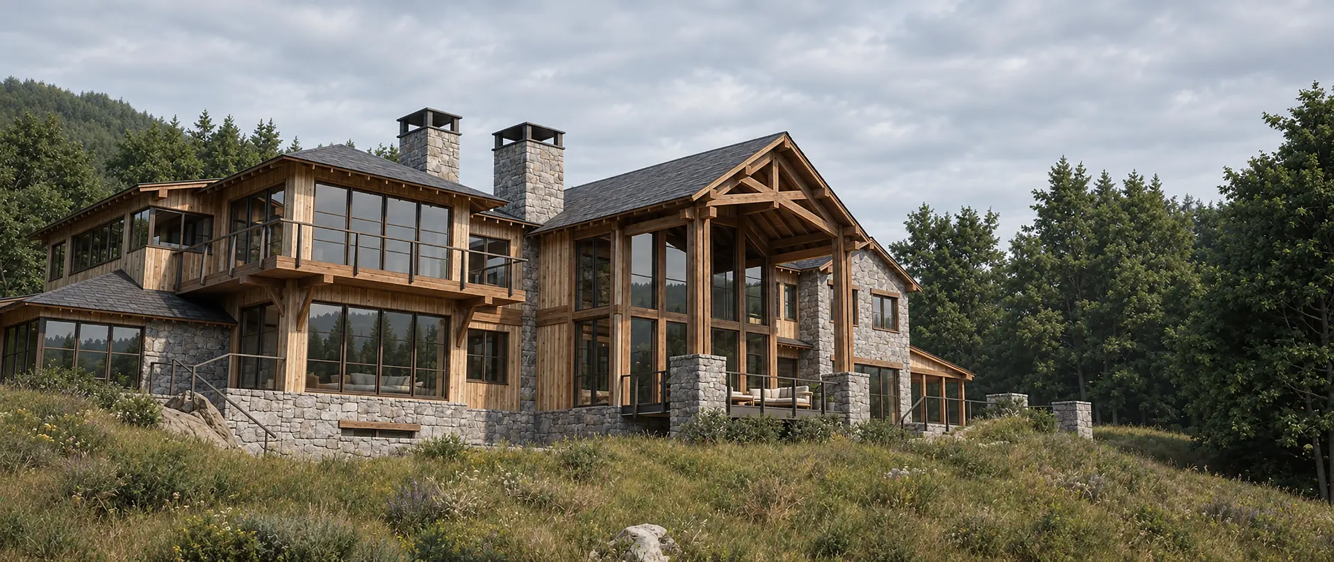 Eagle Rock — rear elevation of the mountain residence above Whitefish Lake