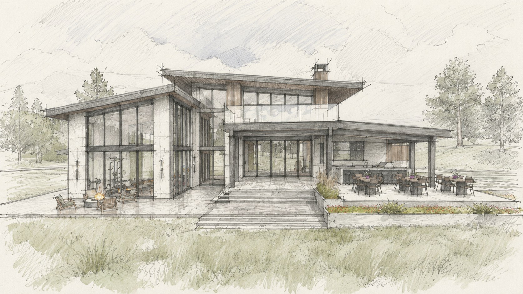 Early concept sketch exploring massing and roof form
