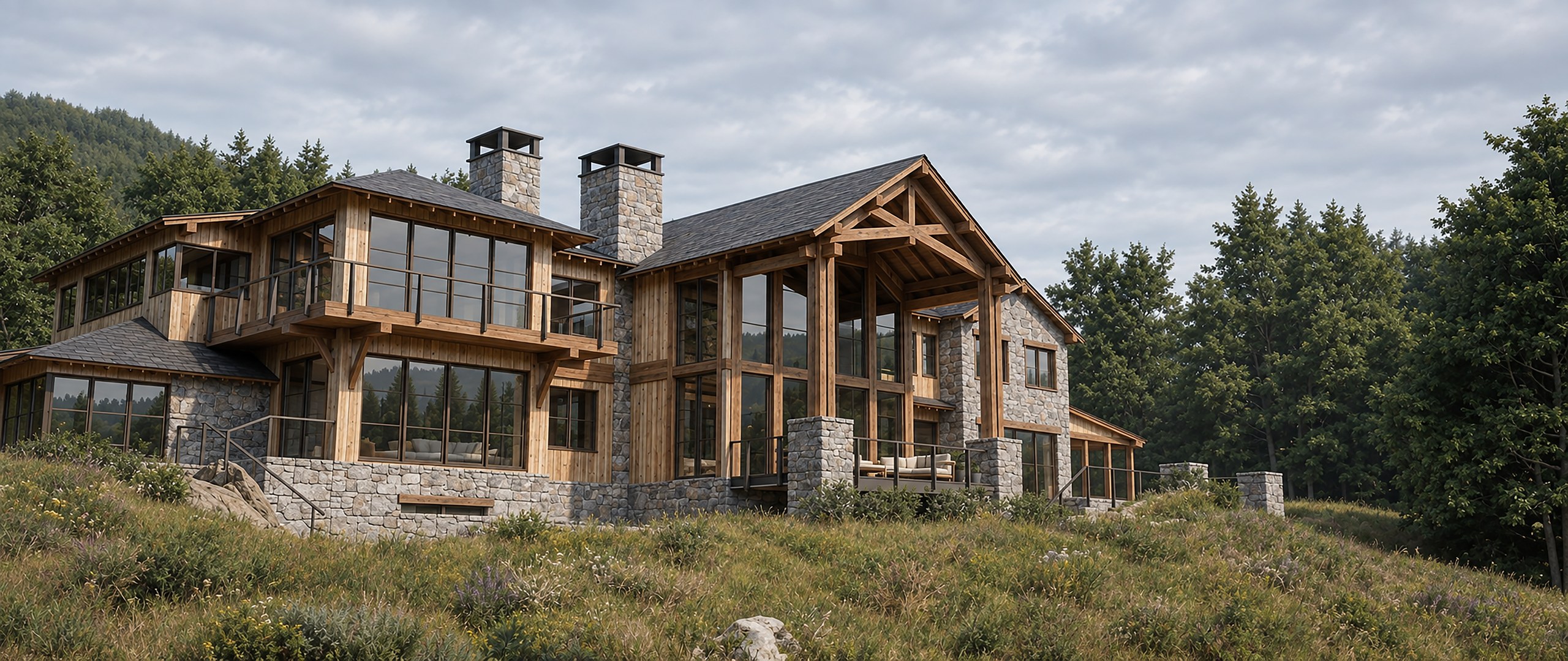 Eagle Rock — rear elevation of a stone and timber mountain residence