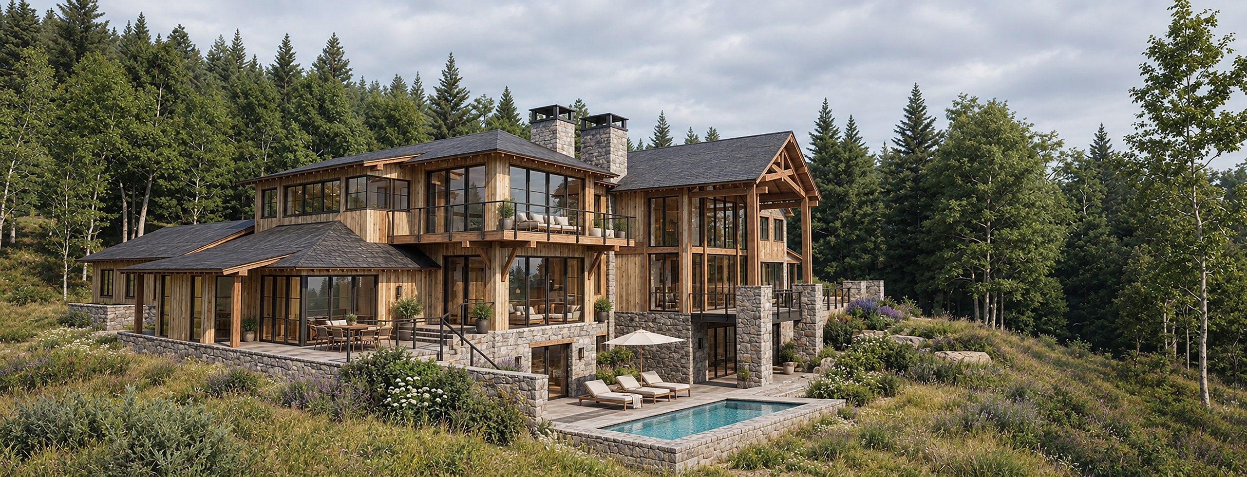Eagle Rock — rear elevation and pool of a stone and timber mountain residence
