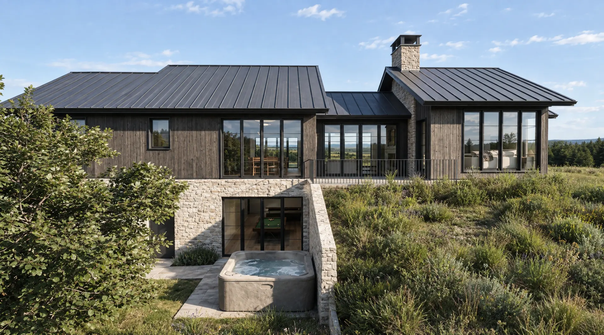 Valley View — side elevation with expansive glazing above the landscape