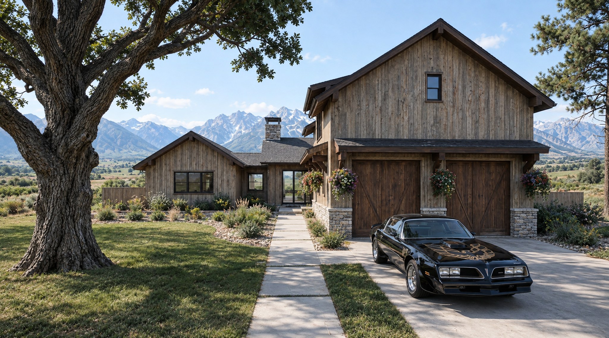 Modern Farmhouse — west view, front elevation and garage